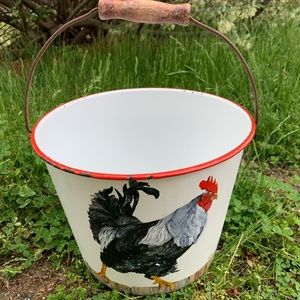Vintage White & Red Enamel Bucket Hand Painted Rooster Rustic Farmhouse Kitchen